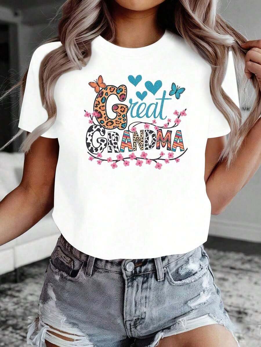 Camiseta ajustada con estampado de "Abuela Mayor" para mujer, de manga corta y cuello redondo, ideal para primavera/verano, uso diario, y como regalo para las fiestas.Transpirable y cómoda. - Blanco - Ver 1