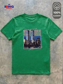 King T-shirt Playera 100% algodón de excelente calidad, esta playera garantiza una suavidad excepcional al tacto, cuello redondo con estampado "New York Manhattan Vintage Skyline" y manga corta - Agua verde azul - Ver 2