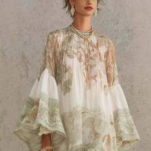 Women's High Neck Balloon Sleeve Vintage Landscape Print High Low Chiffon Mini Dress, Bohemian Flowy Ruffle Hem Tunic - 綠色 - 查看 10