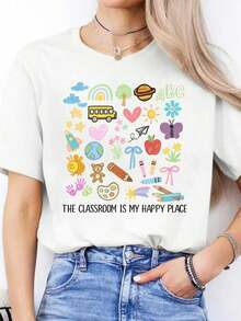 Camisetas Casuales de Primavera/Verano con Estampado de Letras Españolas, Camisetas Deportivas de Manga Corta con Cuello Redondo, Tops para Mujer--Camiseta Básica Versátil de Cuello Redondo de Algodón - Blanco - Ver 1