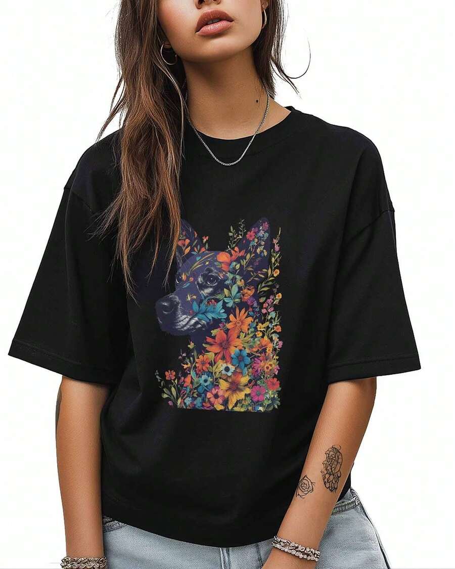 Camisetas para Mujer de Manga Corta de Algodón con Cuello Redondo, Camisetas Coloridas con Estampado de Flores Silvestres y Perros, Camisetas Básicas Casuales, Tallas XS-5XL, Negro XS - Negro - Ver 1