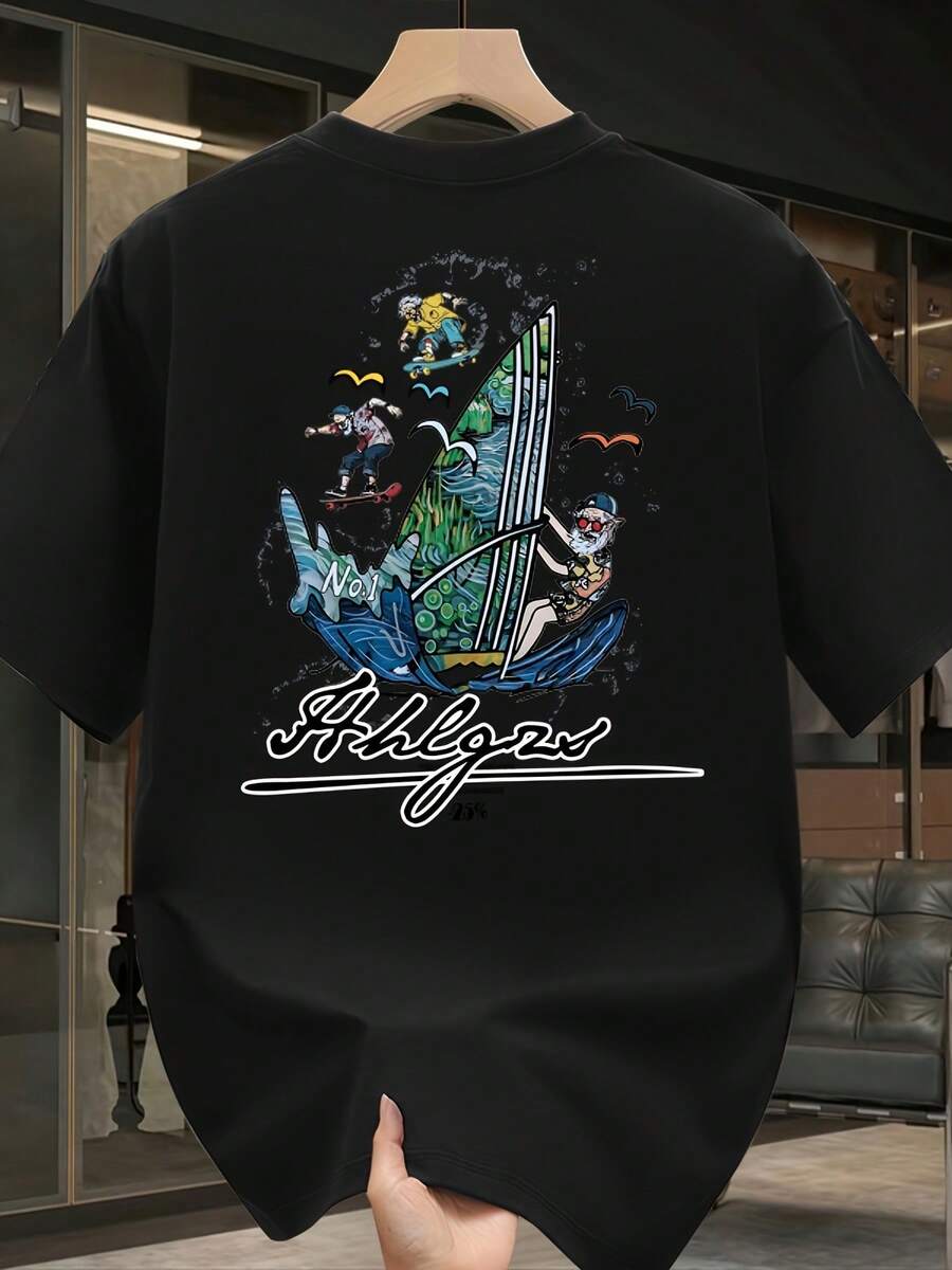 Camiseta de manga corta para hombre,% algodón, de marca de moda, estilo casual de verano, talla, corte holgado, prenda versátil adecuada para todas las estaciones. Se puede usar como capa base en primavera y otoño o sola en verano. Estilo unisex, perfecta para amigos. Camiseta de marca de moda,% algodón y de peso pesado. - Negro - Ver 1