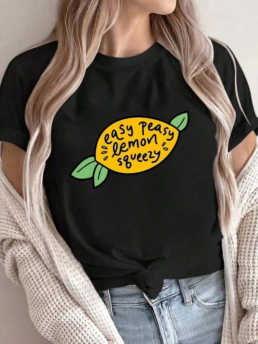 Camiseta de mujer con estampado de limones, camiseta de manga corta, camiseta de cuello redondo con estampado "Easy As A Pie", camiseta casual de verano con hombros caídos, ropa casual de mujer estilo veraniego. - Negro - Ver 1