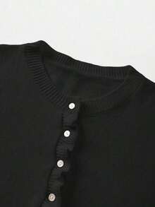 Nuevo suéter de punto de manga larga con cuello en V negro sólido, elegante y de moda, cárdigan con volantes ideal para el día a día, cárdigan ajustado versátil y casual para uso diario - Negro - Ver 6