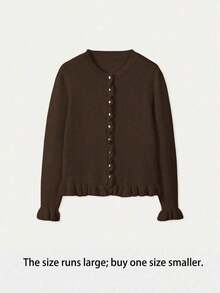 Nueva Suéter de Punto Minimalista de Cuello en V Manga Larga Color Blanco Puro, Adecuado para Primavera, Otoño e Invierno, Elegante y de Moda Cárdigan con Volantes, Versátil y Ajustado Cárdigan Casual para Uso Diario - Cafetería - Ver 4