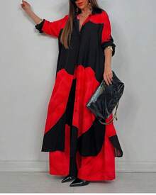Conjunto de dos piezas de camisa holgada y pantalones con bloques de color, estilo casual y a la moda para mujer, primavera. - Rojo - Ver 2
