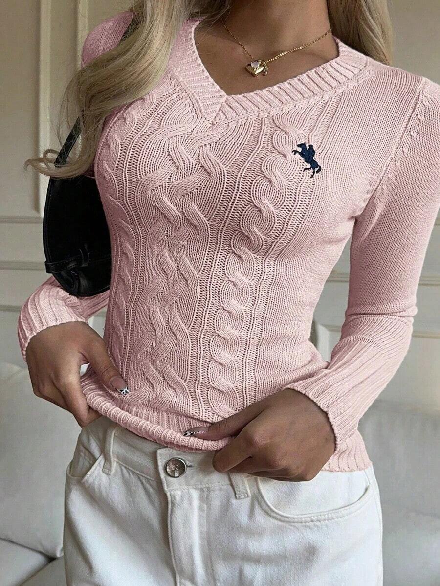 Suéter casual de manga larga con cuello en V y ajuste ceñido con estampado de caballero, para mujer, apto para la escuela en otoño/invierno - Rosa 2 - Ver 1
