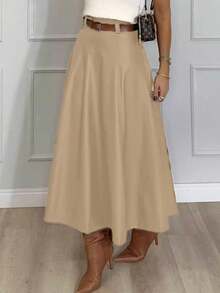 Women's Leather Skirt Gode Long High Waist 333 - Bege Escuro - 查看 2