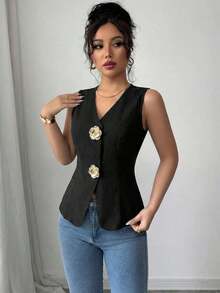Camiseta de mujer con cuello en V, ajustada, con decoración de botones dorados con diseño de rosa en la parte delantera - Negro 3 - Ver 7