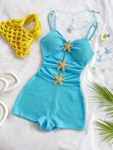 Mono casual de mujer con decoración metálica y plisado en unicolor para uso diario - Azul 2 - Ver 5