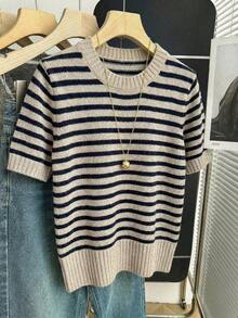 Nueva llegada Primavera/Verano Estilo coreano Casual Suelta Personalizada Blusa de punto de mujer a rayas de color contrastante - Caqui 4 - Ver 6
