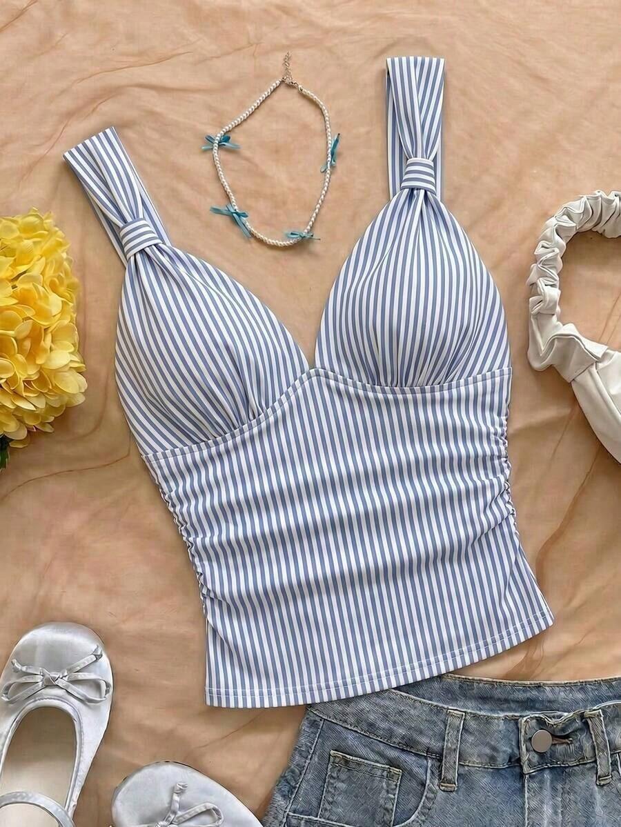 Camiseta de mujer elegante para vacaciones, de tela de punto a lunares, con tirantes retorcidos y fruncidos, de ajuste ceñido, adecuada para vacaciones, citas, té de la tarde, playa, crucero, viaje a la ciudad, vacaciones en la isla, festival de música, vacaciones bohemias, se puede usar por dentro o por fuera - Multicolor 9 - Ver 1