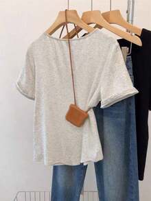 Camiseta de manga corta con botones, estilo minimalista retro casual Mori Girl para mujer - Gris - Ver 2