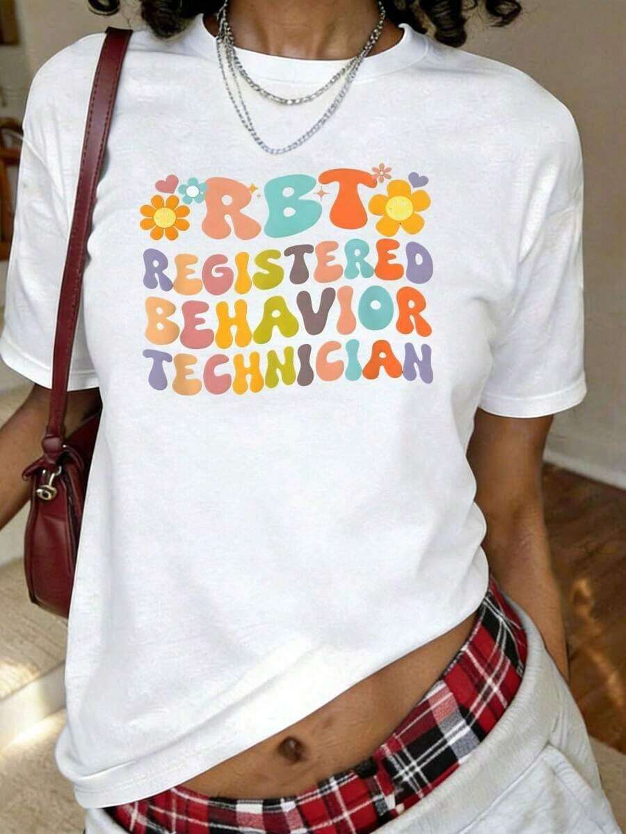 Camiseta de terapeuta ABA para mujeres, analista de autismo, terapia RBT, con estampado floral, manga corta, cuello redondo, top casual para verano y primavera, ropa de talla grande para mujeres. - Blanco - Ver 1