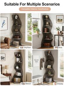 Modern Minimalist 5-Layer Corner Bookshelf, Corner Bookshelf, Display Cabinet, Shelving Unit, Open Storage, For Living Room, Study, And Bedroom. Multifunctional Storage Shelf. Easy To Install. - 灰色 - 查看 7