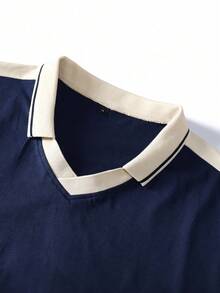 Áo polo nam cổ chữ V phối màu tương phản in Brazil No.10, áo ngắn tay dáng rộng phong cách retro casual, áo jersey cổ điển cho fan bóng đá - Màu xanh hải quân - Xem 5