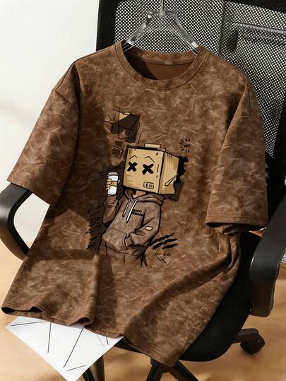 1 pieza Camiseta de manga corta con estampado de hombre de cartón desgastado y de dibujos animados, regalo de verano perfecto para adolescentes varones, adecuado para la escuela y uso al aire libre en primavera/verano