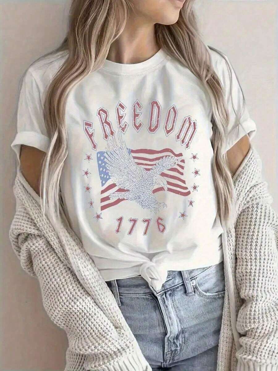 1 July 4th T-Shirt, Patriotic US Independence Day T-Shirt, Women's Fashionable Printed T-Shirt For All Seasons, Casual Short Sleeve T-Shirt For Women, Ideal For Gift, Holidays, Holidays, Daily Wear, 180g 100% Cotton. - 電子白 - 查看 1
