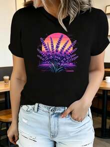 Breathable Women's Printed Short Sleeve Summer T-Shirt, Modern And Casual, Machine Washable, Comfortable Fit, 2D Flat Print, Elegant Blouses For Women, Women's Sportswear. - 黑色 6 - 查看 7