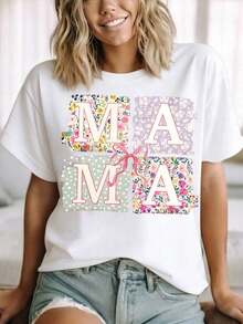 1 pieza de camisa con diseño floral en patchwork para mamá, idea de regalo para madre y mamá con detalles de lazo rosa, perfecta para el Día de la Madre y celebraciones familiares, 180g, 100% algodón. - Negro - Ver 9