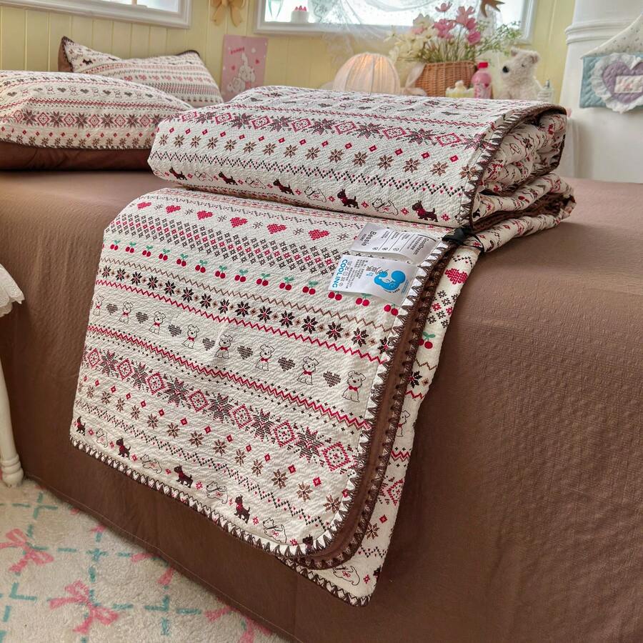 1pc Floral Lace Trim Summer Quilt/Comforter, Soft & Comfortable Pastoral Style Design, Suitable For Dorm, Bedroom, Apartment, Spring & Summer, Pillow Case Not Included - Brown - View 1