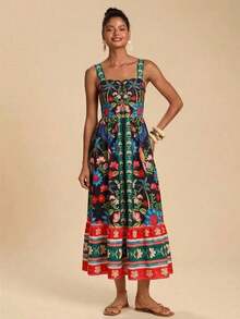 Vestido casual sin mangas con estampado floral para vacaciones - Negro - Ver 4