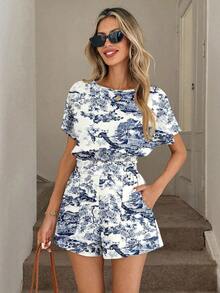 Set de 2 piezas de top corto y shorts con cintura ajustada, estampado geométrico abstracto de líneas, cómodo y casual para vacaciones y uso diario, primavera/verano - Multicolor 2 - Ver 4