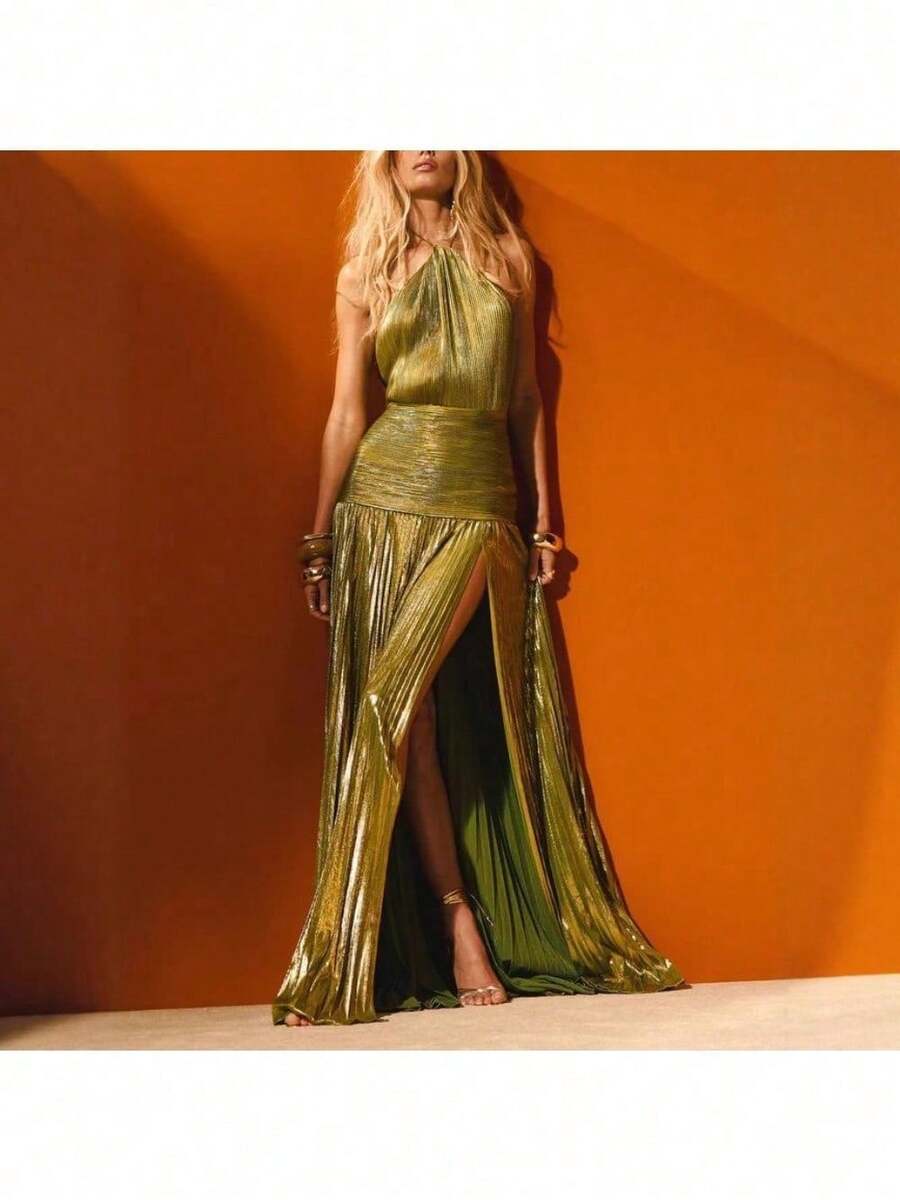 Lujoso vestido largo asimétrico con escote y espalda descubierta chapado en oro para la noche de graduación. - Dorado - Ver 1
