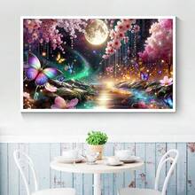 一套DIY钻石画套装 - 梦幻夜景，花朵、蝴蝶和月亮，圆形钻石马赛克艺术品，适合初学者，家居墙面装饰，独特礼物，不含画框 - 無框 - 查看 10