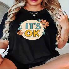 1 pieza de playera  para hombre y mujer, 100% algodón puro, cuello redondo casual con estampado, manga corta transpirable para uso diario, modelo femenino con mensaje motivador - Negro - Ver 2
