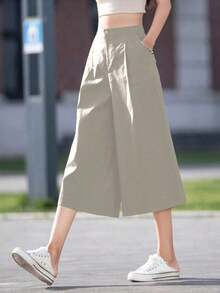 Pantalones de mujer de verano de unicolor, casuales, de pierna ancha y holgados de 7/4 de largo, con bolsillos, adecuados para uso casual diario, al aire libre y de vacaciones - Gris Claro - Ver 3