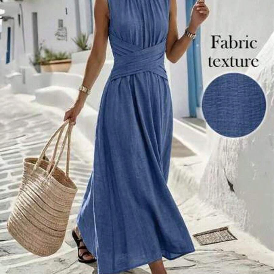 YijiaNvz Vestido casual sin mangas de color verde oliva para mujer con diseño de cintura cruzada, estilo minimalista que muestra elegancia, adecuado para uso diario, té de la tarde, reuniones casuales y viajes de negocios ligeros - Azul - Ver 1