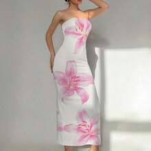 guangzhougaolangshangmao  Vestido largo elegante con estampado floral de lirio para mujer, adecuado para la playa, resort, citas elegantes y románticas, festivales de música, vacaciones de primavera - Rosa - Ver 3