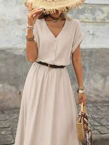 Vestido de mujer de manga corta holgado con cuello en V y medio abierto, de tela texturizada, adecuado para exteriores y vacaciones, primavera/verano - Caqui - Ver 11