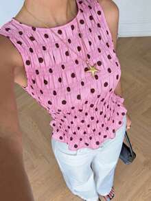 Camiseta de tirantes con cuello redondo y pliegues, con estampado de lunares en la cintura para vacaciones de mujer - Rosa - Ver 5