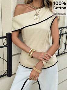 Blusa de hombro único elegante de verano con contraste de ribete, 100% algodón, color albaricoque, para mujer.Blusa ajustada con cuello plegado, estilo retro y elegante para la oficina.Cómoda y transpirable para eventos sociales. - Albaricoque - Ver 6