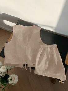 Conjunto casual de 2 piezas de top corto sin mangas con cordones delanteros y shorts para mujer en beige - Albaricoque 3 - Ver 2