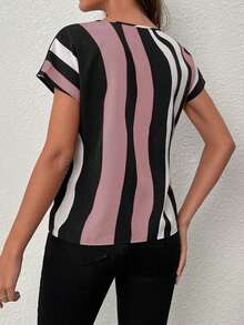 Blusa de mujer con detalles de rayas de contraste y calados, top de manga corta - Rosa - Ver 2