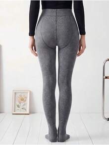 Women's Ribbed Ankle-Length Tights, Lined, Warm, With Full Foot Coverage, Elastic, Sizes 36 To 42. - Gris - Ver 4