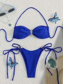 New Fashion Sexy Solid Bikini Set With Separated Halter Rope Bikini Set For Women Summer Beach Vacation - Blue - View 3
