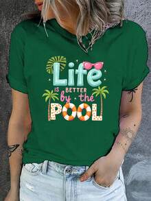Camiseta casual de manga corta y cuello redondo, estampada con las palabras "La vida es mejor en la piscina", perfecta para el verano y la primavera, diseñada para mujeres. - Verde - Ver 7