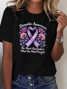 Soft Women's T-Shirt With Purple Ribbon To Raise Public Awareness About Alzheimer's Disease, Casual Blouse For Women - 黑色 - 查看 1
