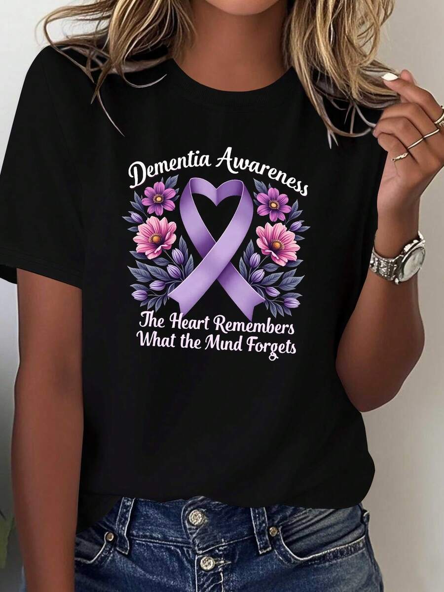 Soft Women's T-Shirt With Purple Ribbon To Raise Public Awareness About Alzheimer's Disease, Casual Blouse For Women - 黑色 - 查看 1