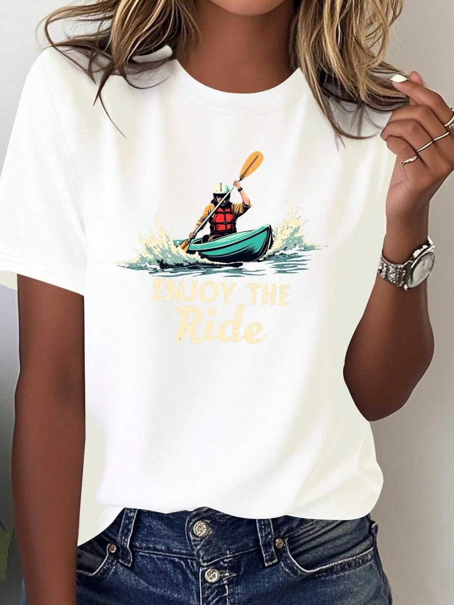 Women's Solid Color T-Shirt With Kayak And Canoe Print - Gray With Yellow Slogan "Enjoy The Journey", Clothing For Paddleboard And Kayak Enthusiasts, Casual T-Shirt For Outdoor Adventures, Suitable For All Seasons. - 白色 - 查看 1
