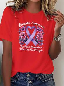 Soft Women's T-Shirt With Purple Ribbon To Raise Public Awareness About Alzheimer's Disease, Casual Blouse For Women - 紅色 - 查看 7