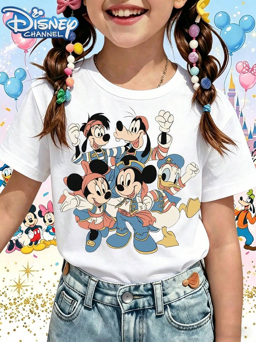 Disney T-Shirt Short Sleeves Are Made Of 100% Pure Cotton FabricDisney Channel Kids T Shirt White Mickey Mouse Minnie Donald Goofy And Pluto Print For Casual Wear And PlaytimeGifts Suitable For Girls - trắng - Xem 1