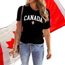Women's Casual Cotton T-Shirt With Canadian Flag And Heart Print, Short Sleeve, Round Neck, Drop Shoulder, Cute Summer Garment With Slightly Stretchy Fabric - 黑色 5 - 查看 4