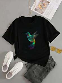 1 Piece Women's Blouses, Beautiful Women's Blouses, Women's Clothing, Elegant Women's Blouses, Magic Hummingbird Bird T-Shirt 180G In Black And White With Exotic Bird Print, High Quality, Round Neck, Basic Size, Loose, Breathable, Versatile, Machine Washable, Comfortable, Size S ~ 3XL, Daily Casual Essential For Summer. - 黑色 - 查看 4