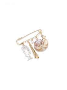 1 Bohemian Ocean‑Style Alloy Brooch With Natural Shells, Faux Pearls, Small Fish And Coral Pendants, Safety Pin Design, Women's Summer Beach Vacation Accessory - Multicolor - View 3