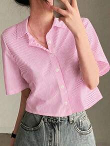 女款不對稱交叉鈕扣休閒條紋短袖襯衫 夏季 - 多色2 - View 3